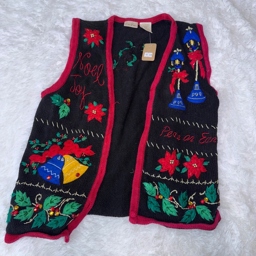 Bobbie Brooks‎ Ugly Christmas Sweater Vest Men Medium Noel Joy Bells Poinsettia
